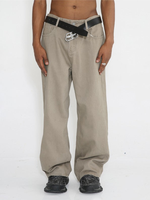 Mid-to-high-waist solid-colored khaki jeans