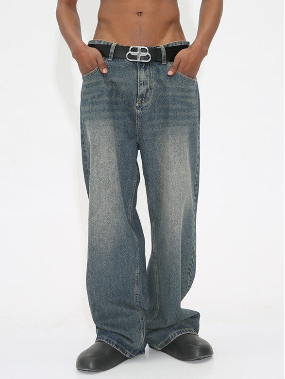 Loose-fit American-style wide-leg washed denim pants