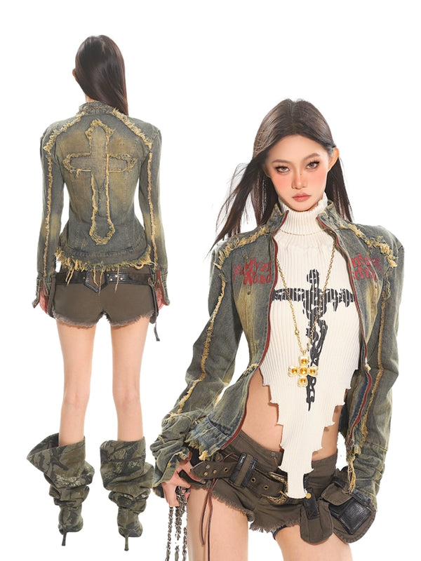 Retro distressed waist cinched denim short jacket jacket top