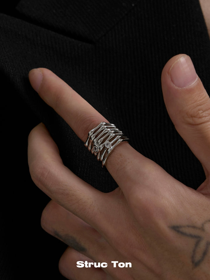 Bone texture ring Niche multi-layer diamond inlaid ring