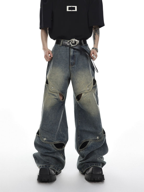 Deconstructing metal button wide leg jeans with hollowed out loose straight leg pants for men