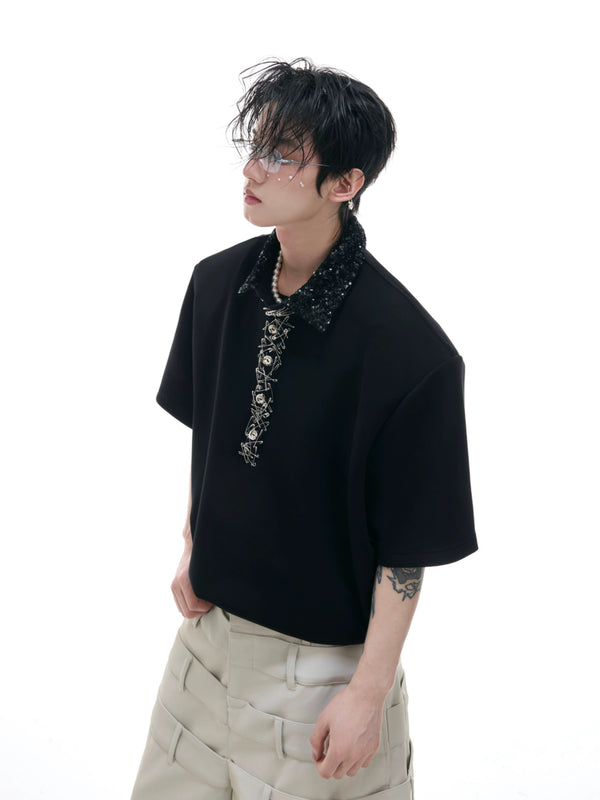 Sequined square neck short sleeved pin loose polo shirt T-shirt