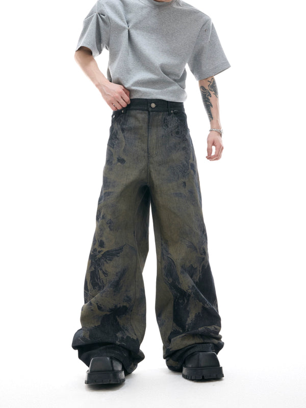 Laser engraved Baggy jeans heavyweight straight leg loose pants
