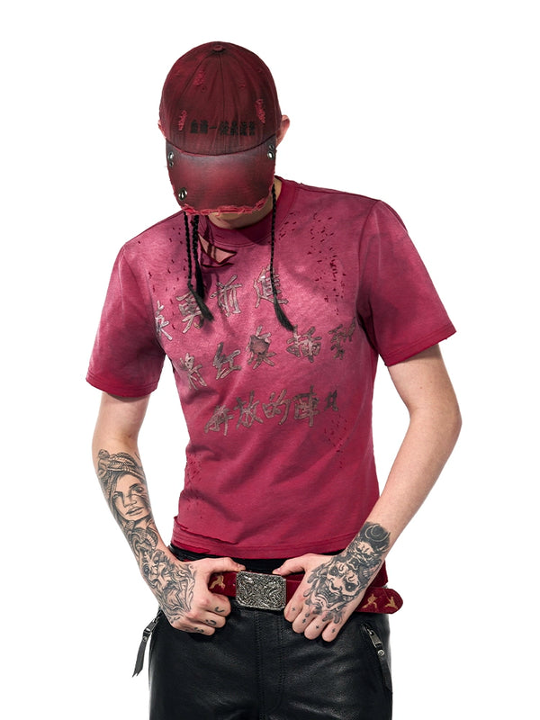 Summer Chinese Culture Printed Hole T-shirt for Men, Spray Dirty, Wash with Water, Make Old Short Sleeve