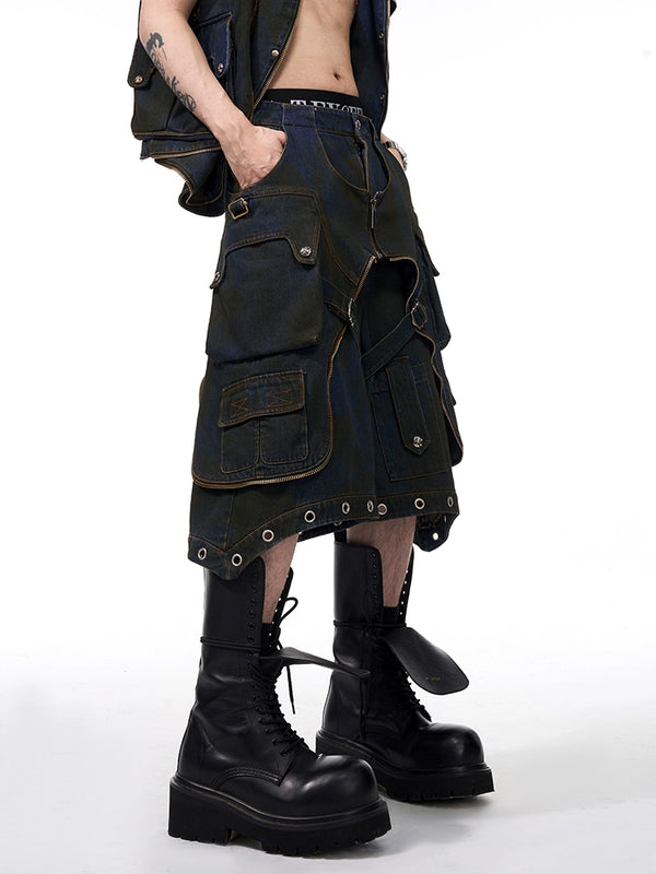 Multi pocket workwear Fake two pieces of denim cropped pants