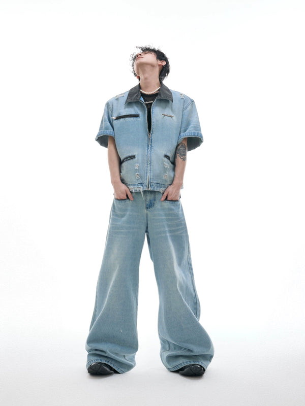 Collar leather splicing washed denim suit, double waisted jeans