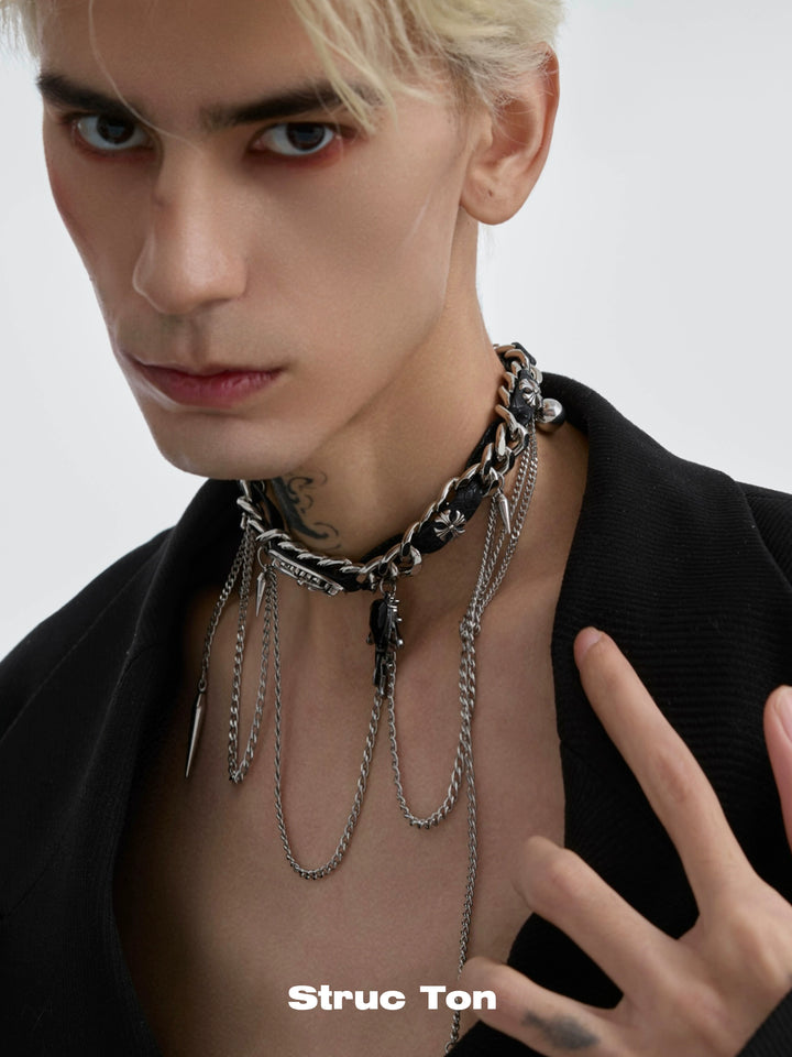 Black Choker punk necklace with dark winding tassel collarbone chain