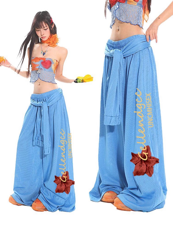 Island spicy girl beach outfit with breathable mesh sports wide leg pants set