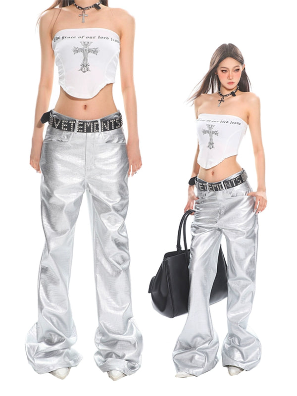 Handsome silver leather pants casual straight leg slightly flared floor pants