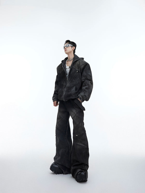 Small niche deconstruction, making old shoulder pads, hooded denim jacket set