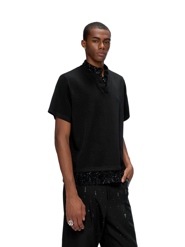 Summer structured short sleeved luxury loose sequin patchwork design T-shirt