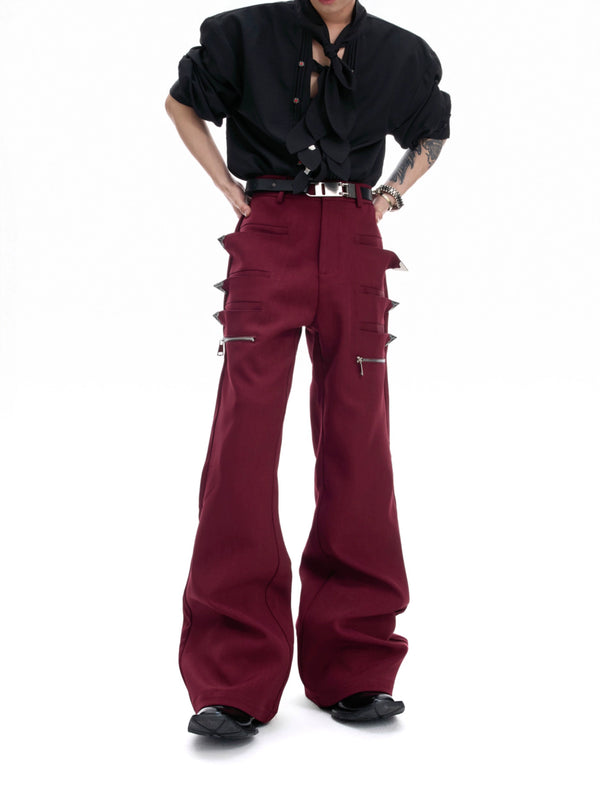Retro metal casual pants with zipper and three-dimensional pocket design, micro flared pants