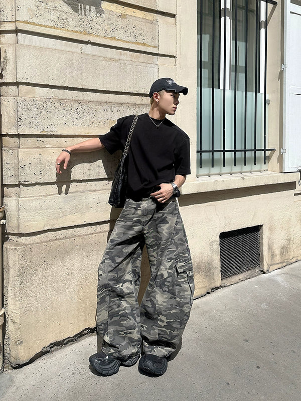 Loose anti waist camouflage workwear, wide leg pants, men's curved knife jeans