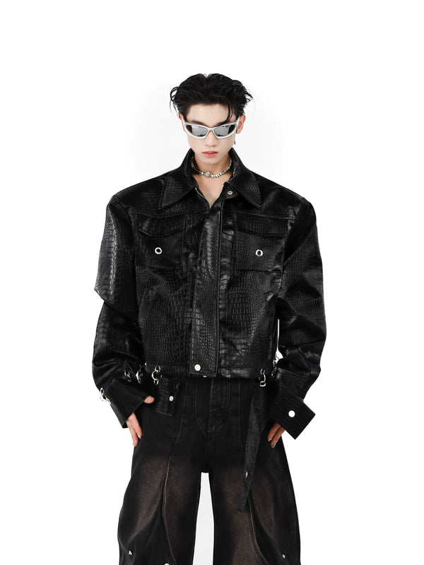 Metal buckle shoulder pads PU leather jacket patchwork jacket premium top for men
