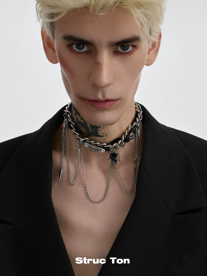 Black Choker punk necklace with dark winding tassel collarbone chain