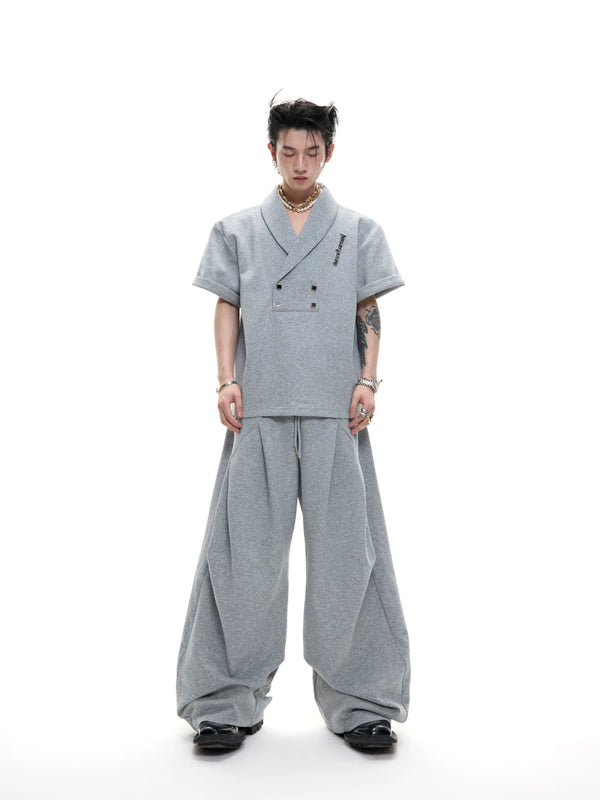 3D pleated shoulder pad short sleeved men's metal embellishment sports suit sweatpants