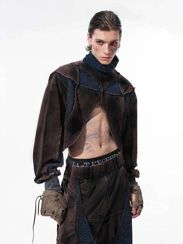 Dune waste soil wind pile collar sleeve structure splicing hoodie spray dirty shawl jacket