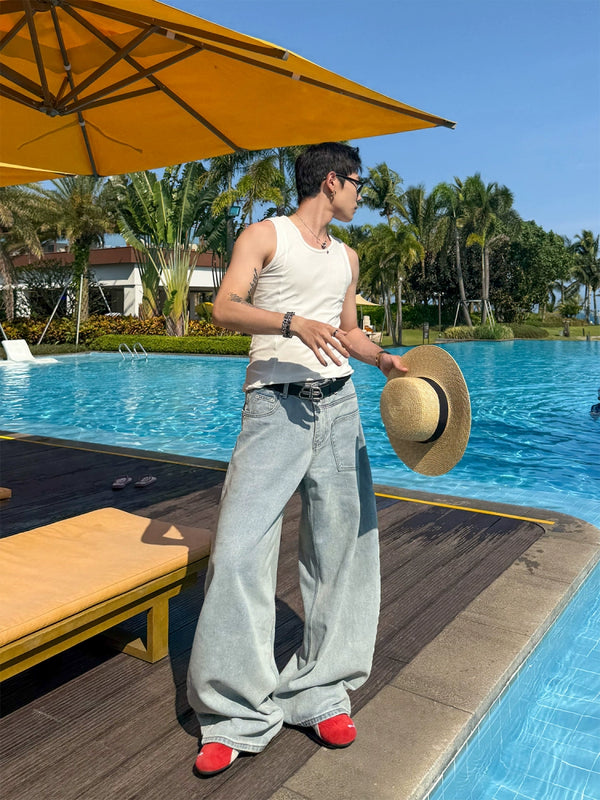 Half reversed washed denim jeans, loose wide leg curved pants