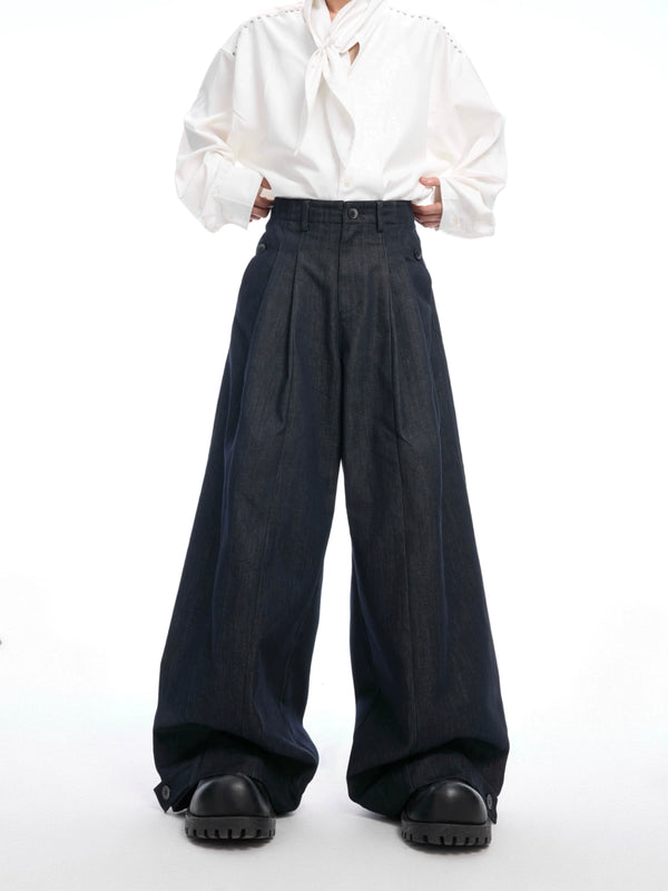 Denim jeans retro pleated wide leg pants loose pants for men