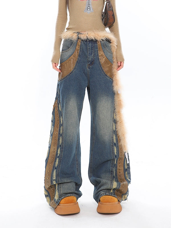 Heavy duty washed patchwork jeans wide leg pants for women