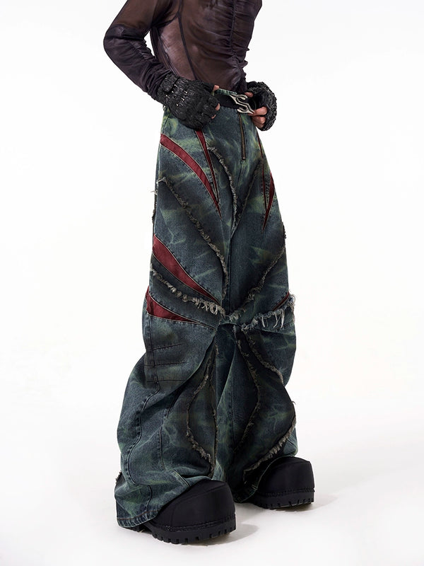 Heavy Industry Edge Splicing Knife Jeans Edge Splicing Mesh Wide Leg Pants