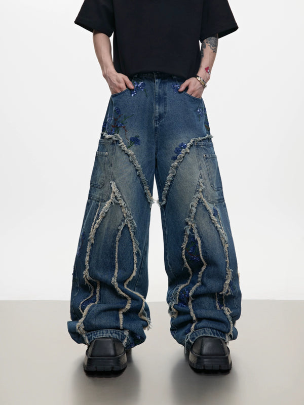 Sequin embroidered curved edge straight leg jeans with loose and wide legs, floor length casual pants