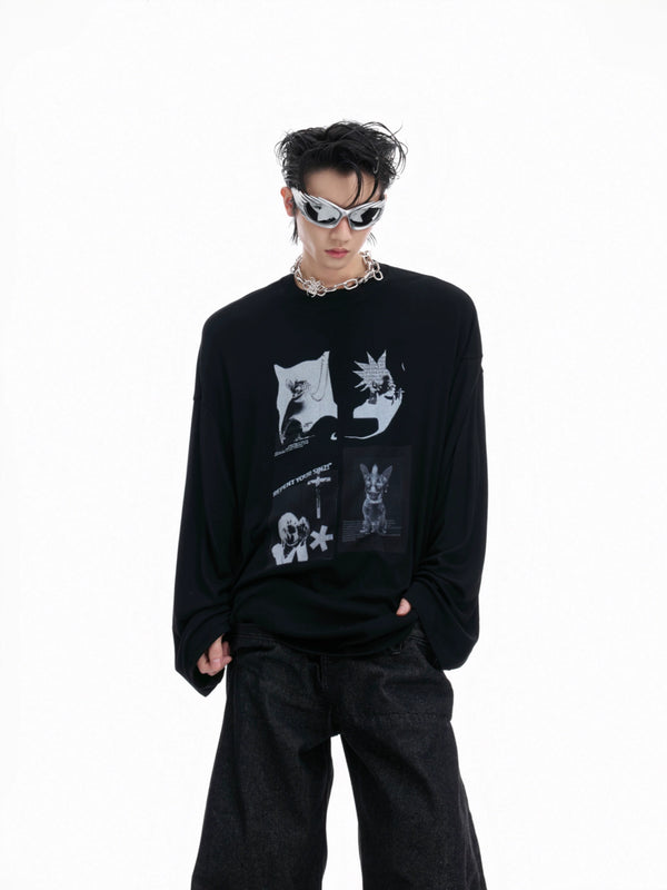Loose, comfortable, artistic pattern casual T-shirt with high elasticity and long sleeves f