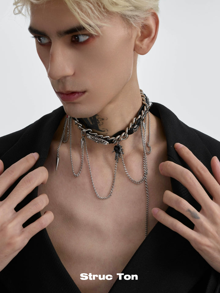 Black Choker punk necklace with dark winding tassel collarbone chain