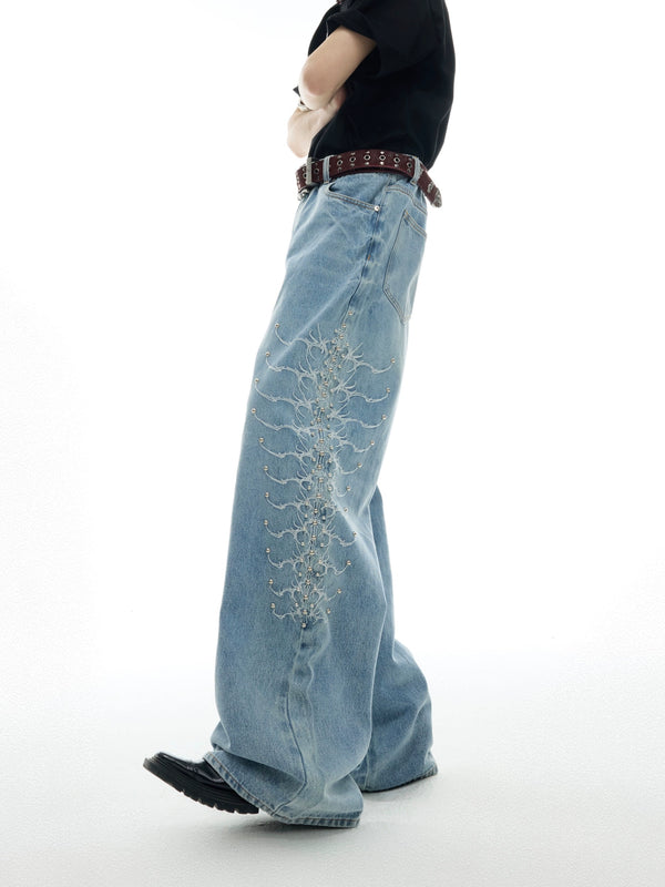 Retro washed spine metal willow nail design jeans