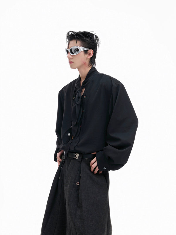 Scarf collar French noble loose ice silk long sleeved shirt