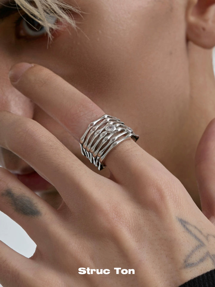 Bone texture ring Niche multi-layer diamond inlaid ring