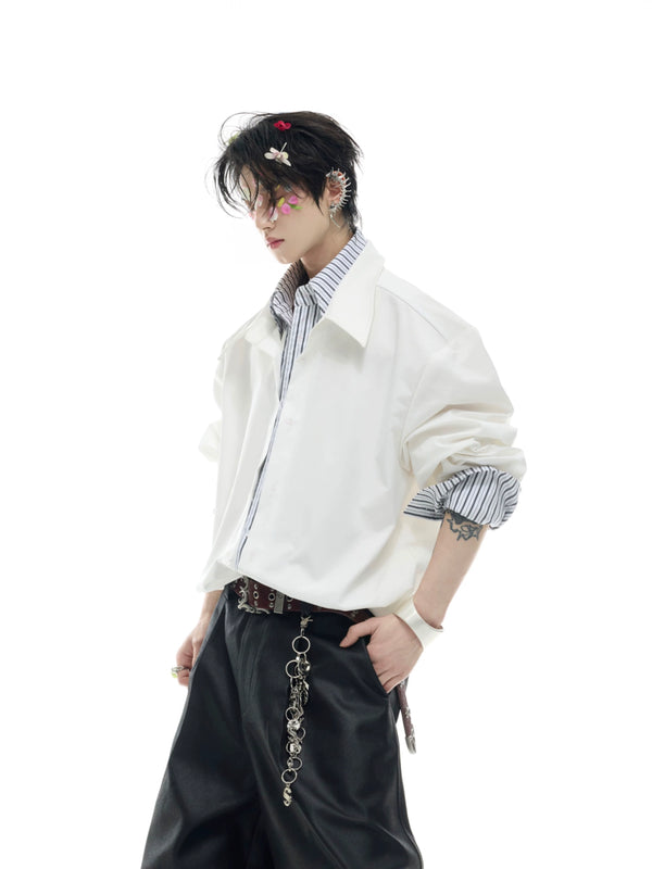 Stripe contrasting shirt, fake two-piece patchwork shirt