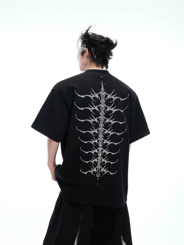 Nail spine embroidery short sleeved pure cotton 320g stiff solid color T-shirt