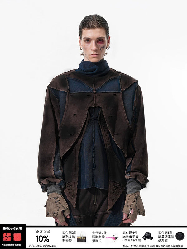 Dune waste soil wind pile collar sleeve structure splicing hoodie spray dirty shawl jacket