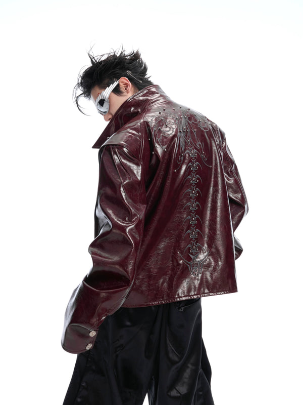 Heavy Industry Rivet Embroidered Bright Leather Coat Texture Jacket Coat