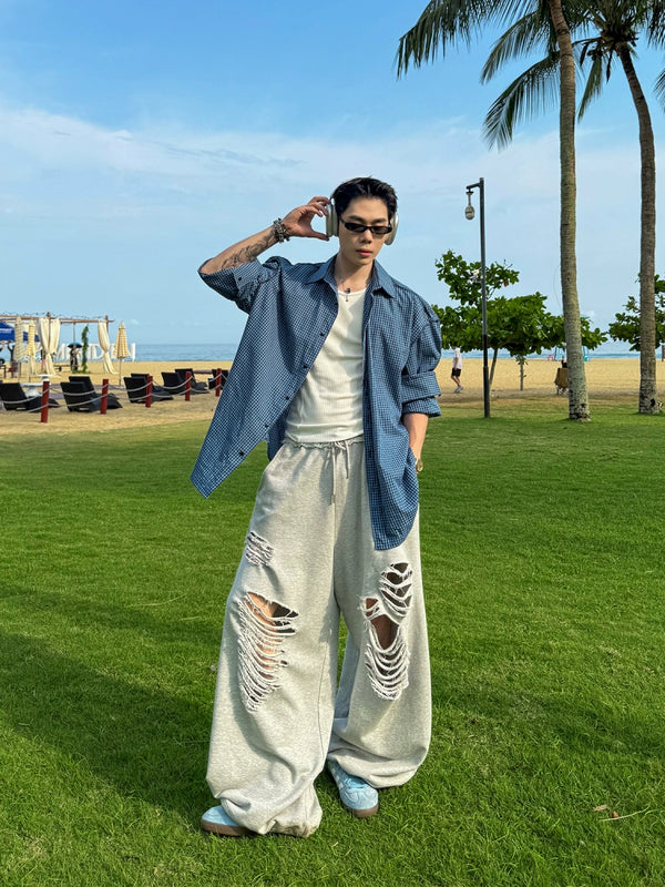 Summer street washing, making old holes, casual loose pants, men's bathroom pants