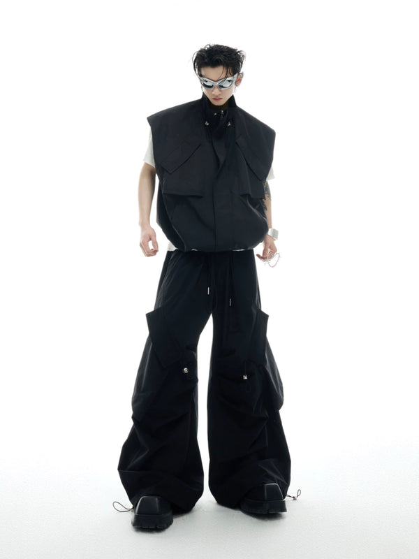 Irregular drawstring design vest jacket with multiple pockets work pants set