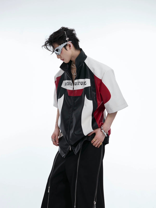 Pioneer color blocking short sleeved motorcycle suit leather jacket high-end top