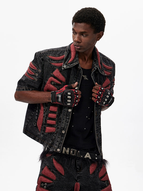 Pioneer 3D Skeleton Splicing Cowboy Jacket for Men's Summer Washed Outdated Short Sleeve Jacket