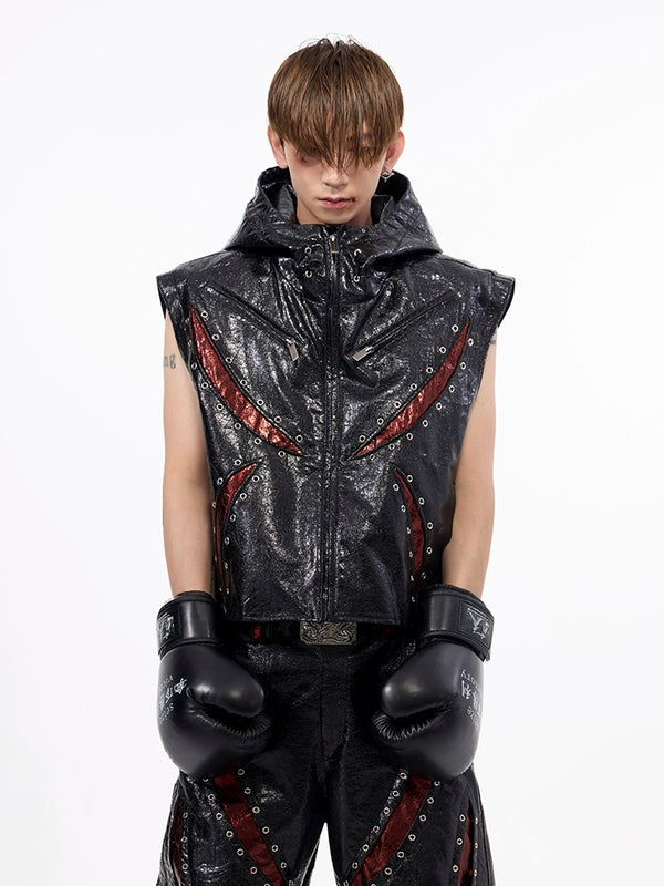 Dark sleeveless hooded vest, contrasting patchwork vest, boys' punk style