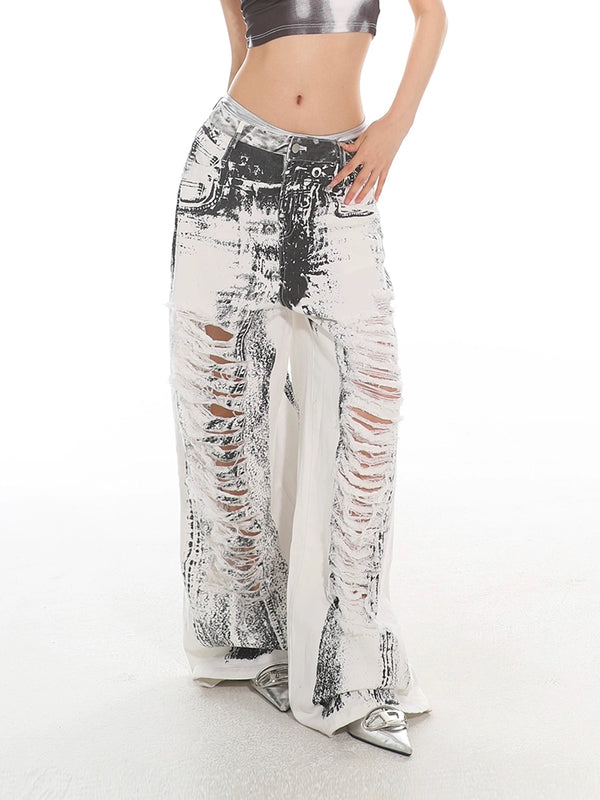 Wide leg pants tie dye ripped graffiti straight leg jeans for women