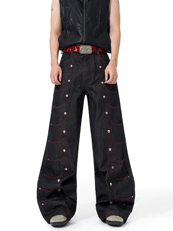 Multi pocket original color wide leg jeans and pants