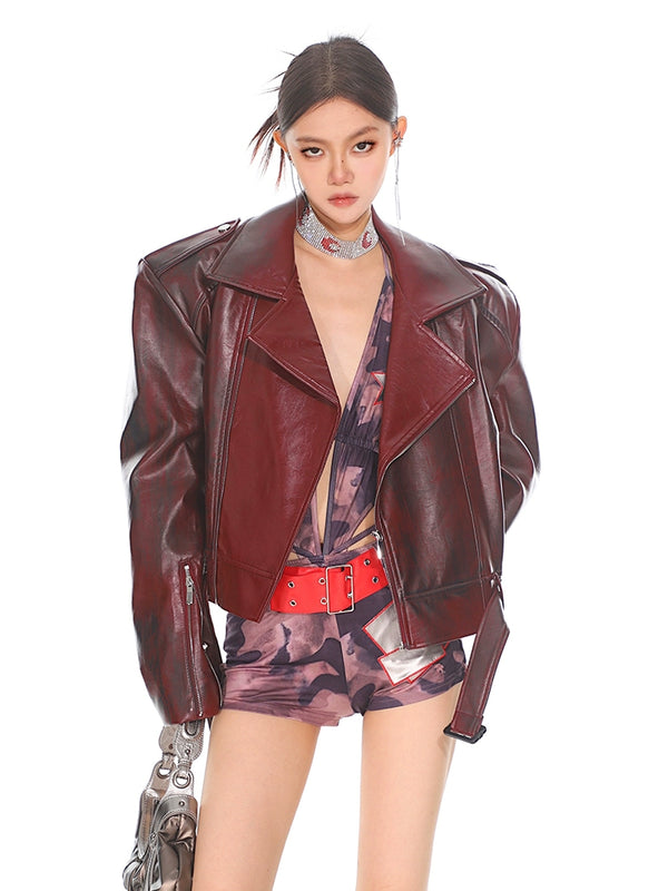 Red silhouette collar jacket, motorcycle leather jacket