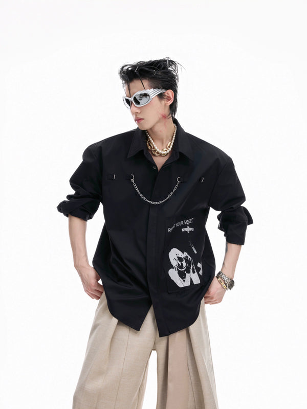 Vintage art patterned shirt with loose collar and long sleeves