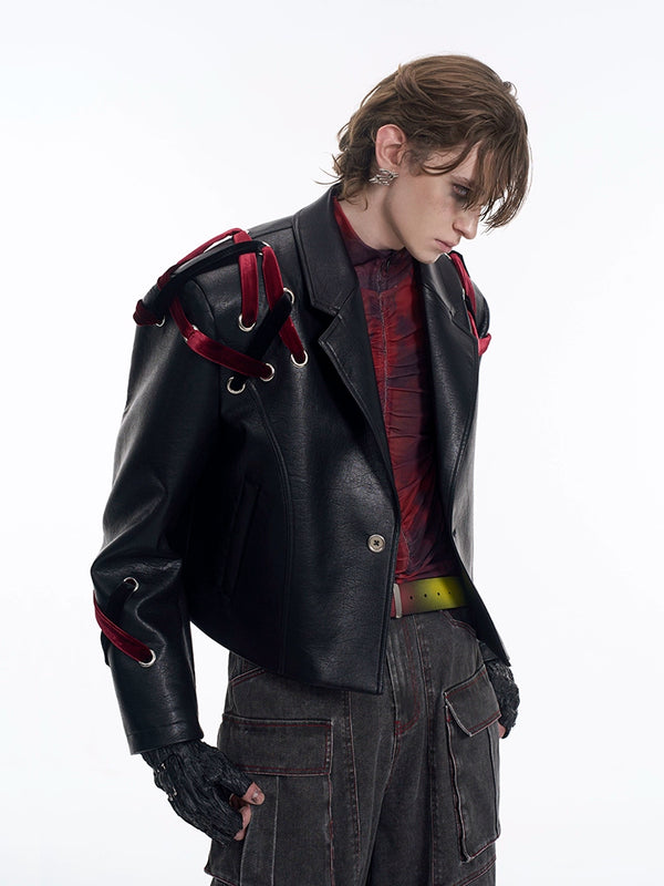 Short leather jacket, men's silhouette suit collar, shoulder pad motorcycle suit
