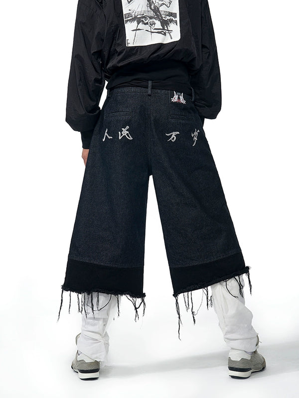 Long live the people, Chinese embroidery original cow seven quarter jeans with tassel mid length pants
